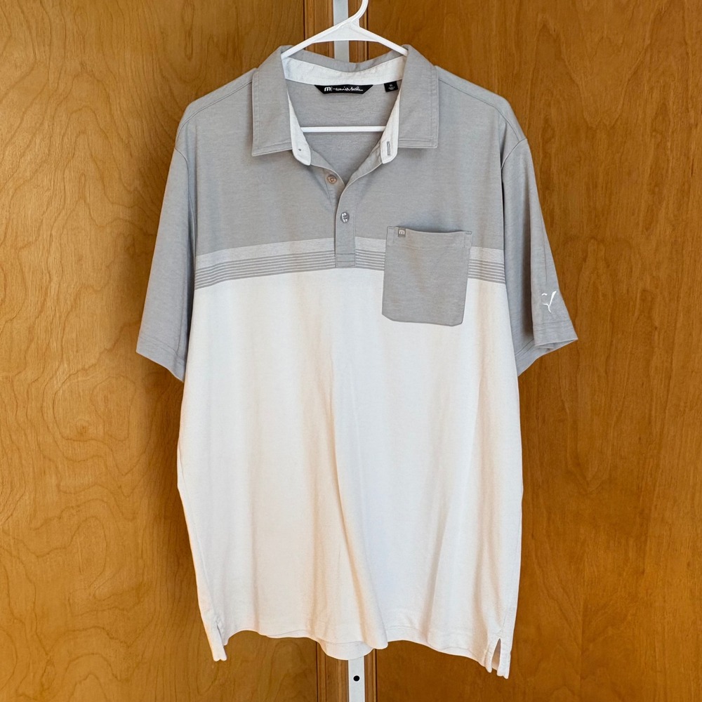 Travis Mathew Polo Shirt Mens XL Gray White Stripe Golf Performance Short Sleeve
